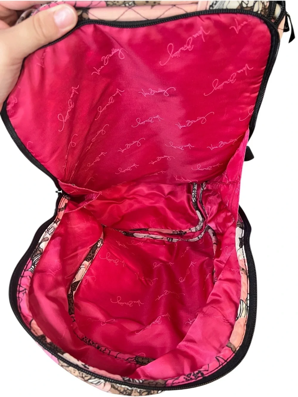 Vintage Vera Bradley Retired Mocha Rouge Pink Brown Floral Quilted Backpack Flaw